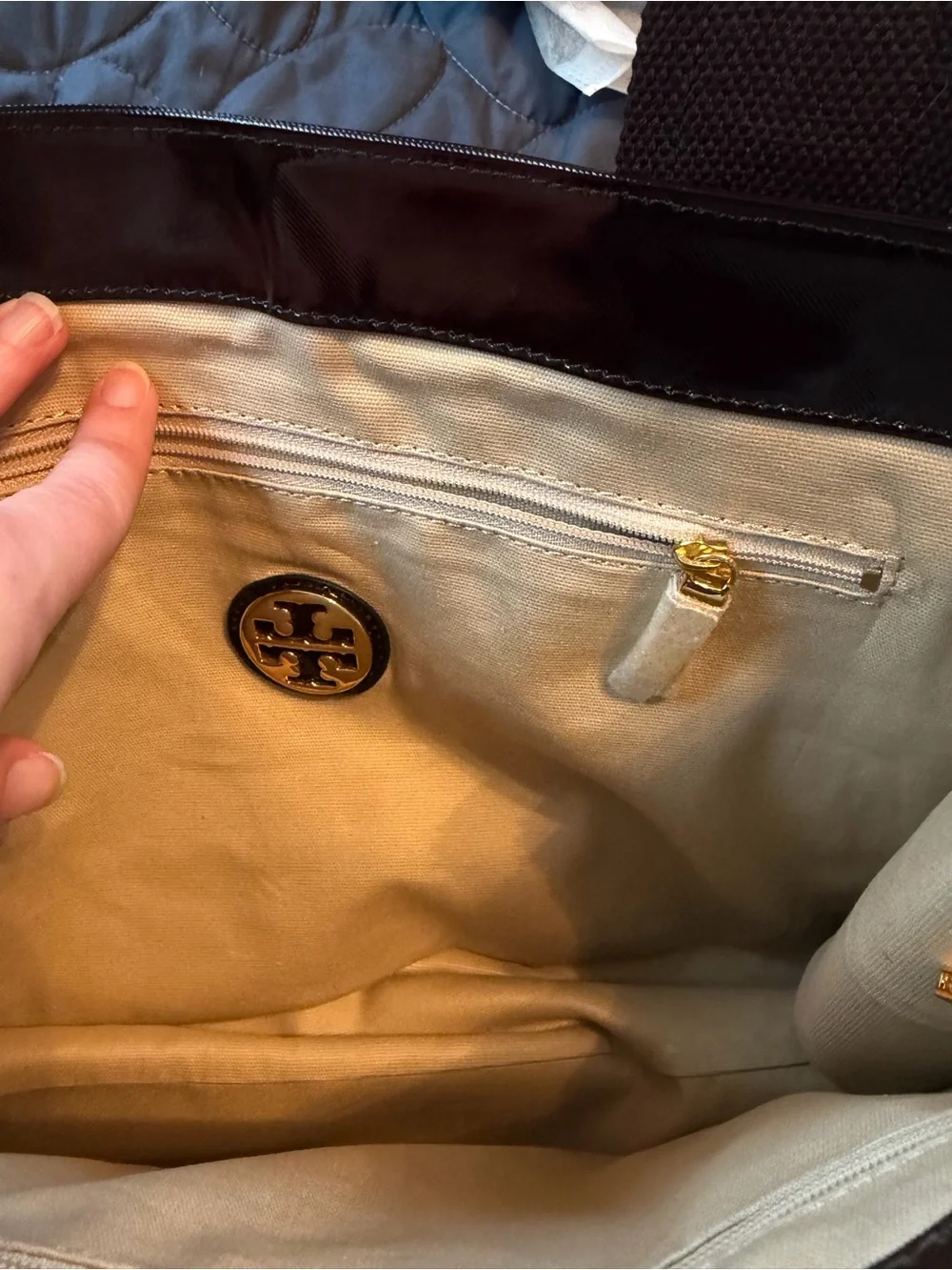 Tory Burch Black Patent Leather Logo Tote